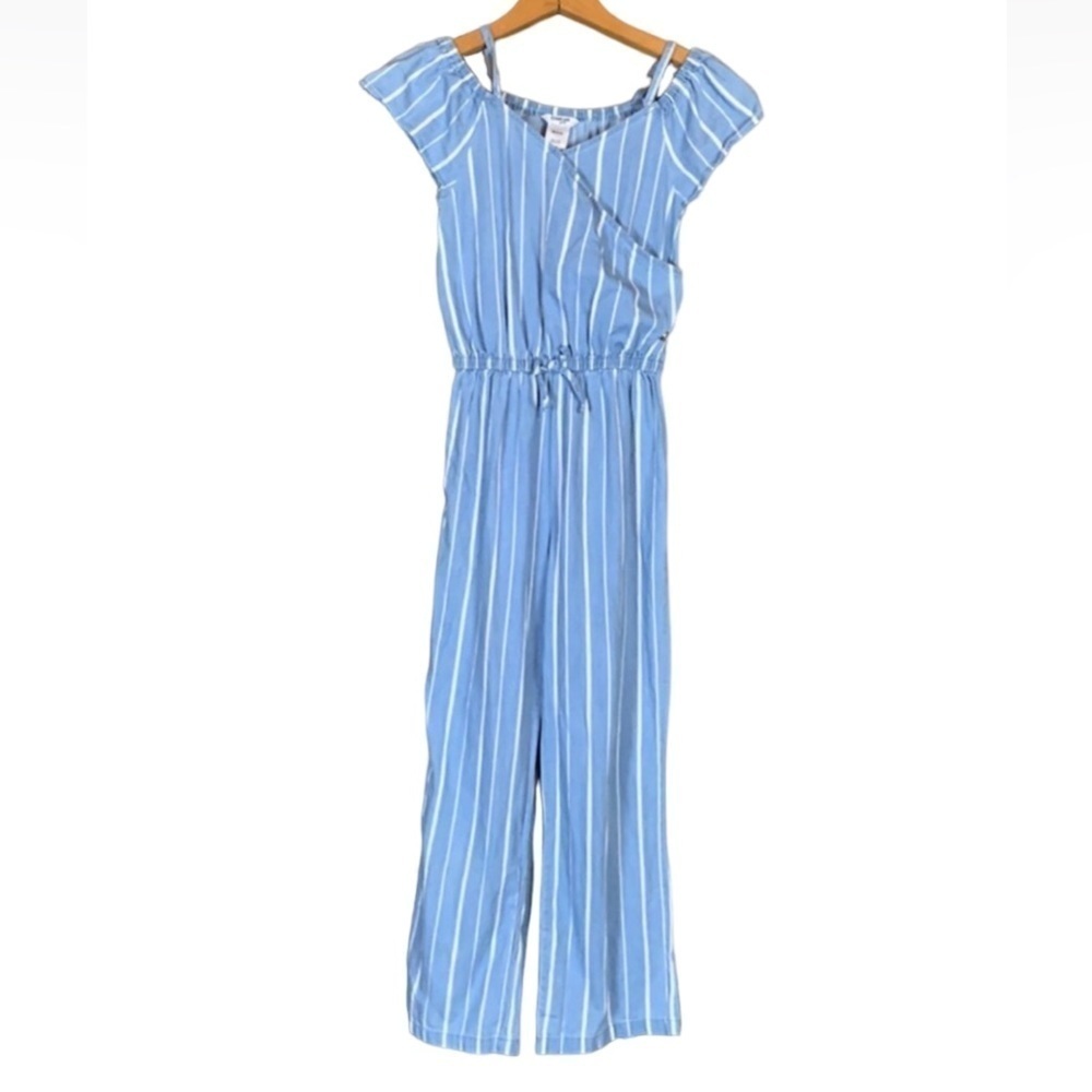 Bebe Girls blue and white stripe chambray jumpsuit Size Medium 8/10